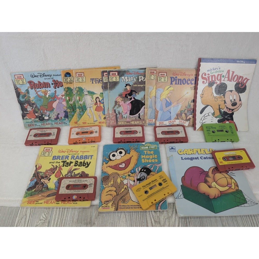 Vintage Walt Disney Read-Along Book & Tape Lot Poppins Oz Robin Hood Garfield